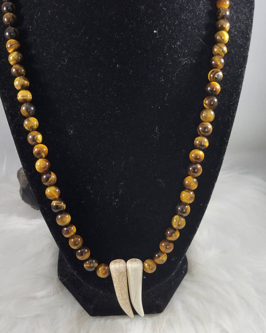 Natural Tiger's Eye Necklace with Natural Bone Tusk
